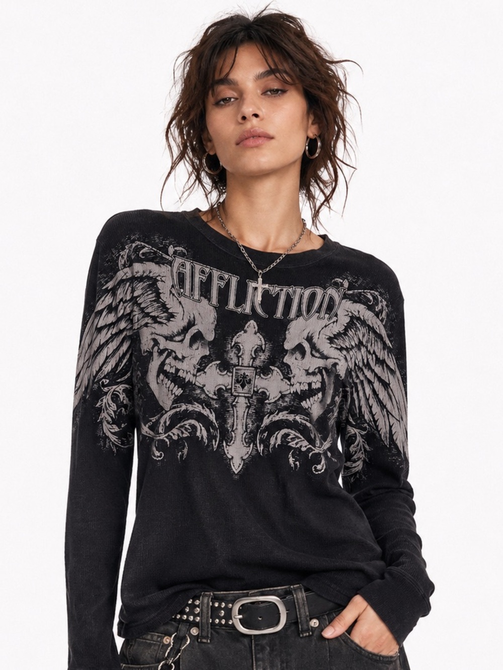 Affliction Skull Wing Thermal Waffle Knit Long Sleeve Shirt Medium Y2K Unisex